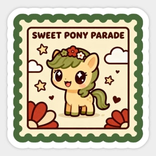 Sweet Pony Parade - Kawaii Pony Postage Stamp Design with Floral Crown Sticker